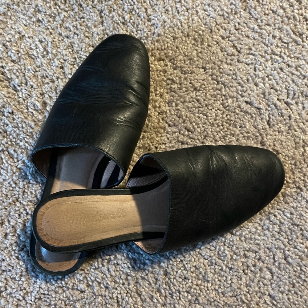 Black leather slip on mules
